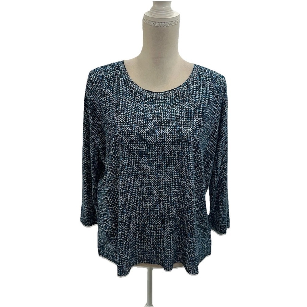 COS Back Button Lightweight Knit Top Women’s Large Blue Abstract 3/4 Sleeves